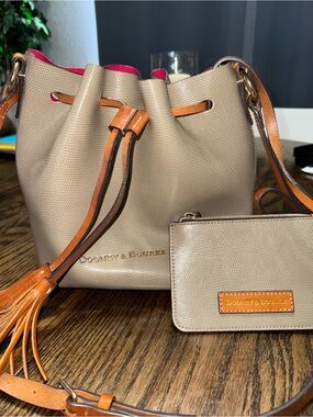 Dooney & Bourke Taupe Bucket Bag with Tan Trim and Pink Leather Lining